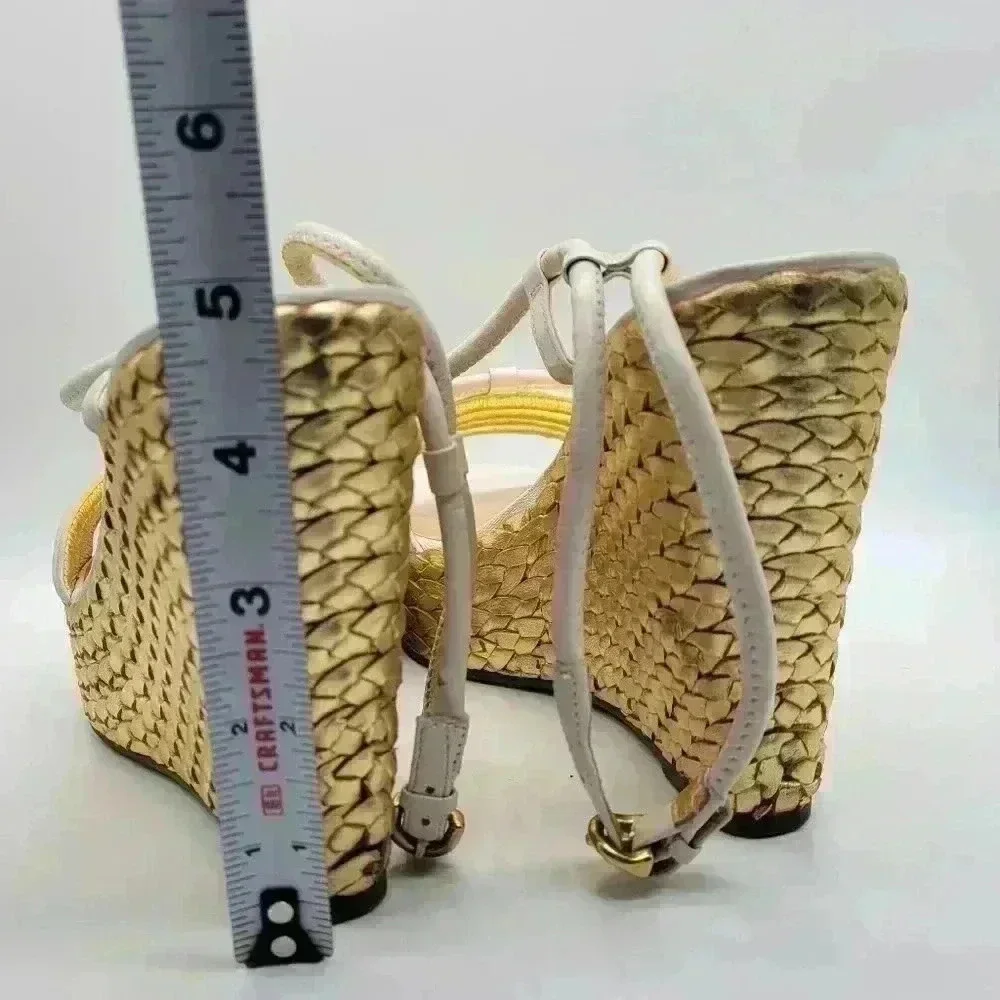 Beautiful! COACH A3259 Blanch Soft Napa White Ankle Strap Gold Wedge Shoes